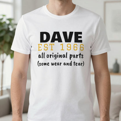 Personalised Name Est. Year All Original Parts T-Shirt T-Shirt in White, worn, our photo