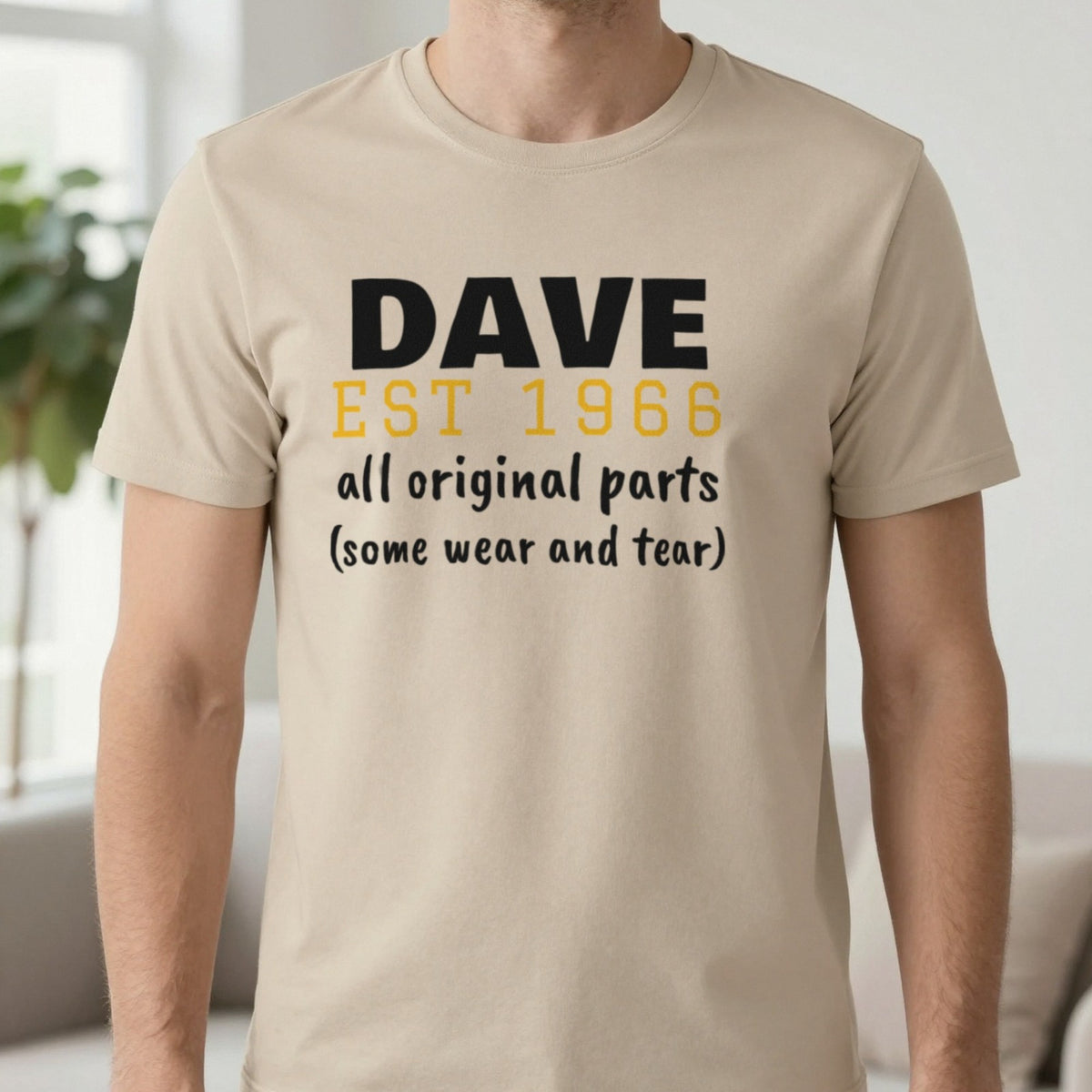 Personalised Name Est. Year All Original Parts T-Shirt T-Shirt in Sand, worn, our photo
