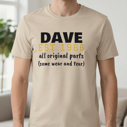 Personalised Name Est. Year All Original Parts T-Shirt T-Shirt in Sand, worn, our photo