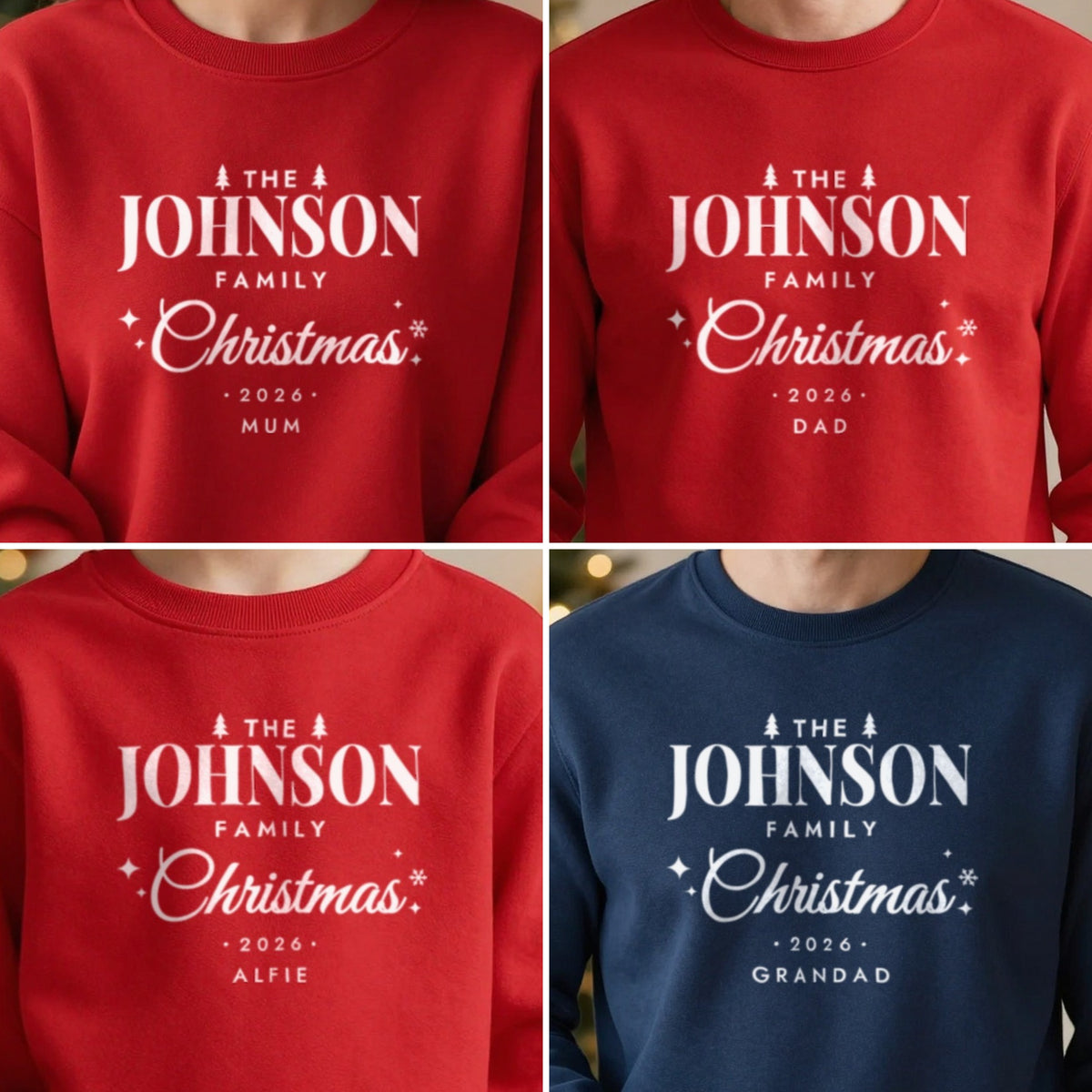 Personalised matching family Christmas jumpers with the Johnson surname for Mum, Dad, Alfie and Grandad