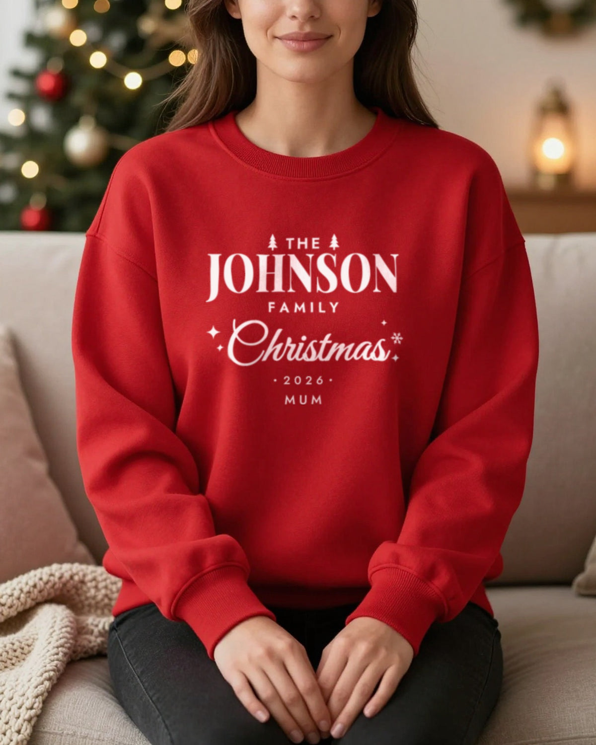 Red personalised family Christmas sweatshirt with surname, year and Mum