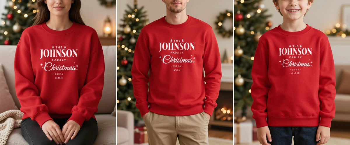 Matching family Christmas jumpers personalised with the Johnson surname for mum, dad and son