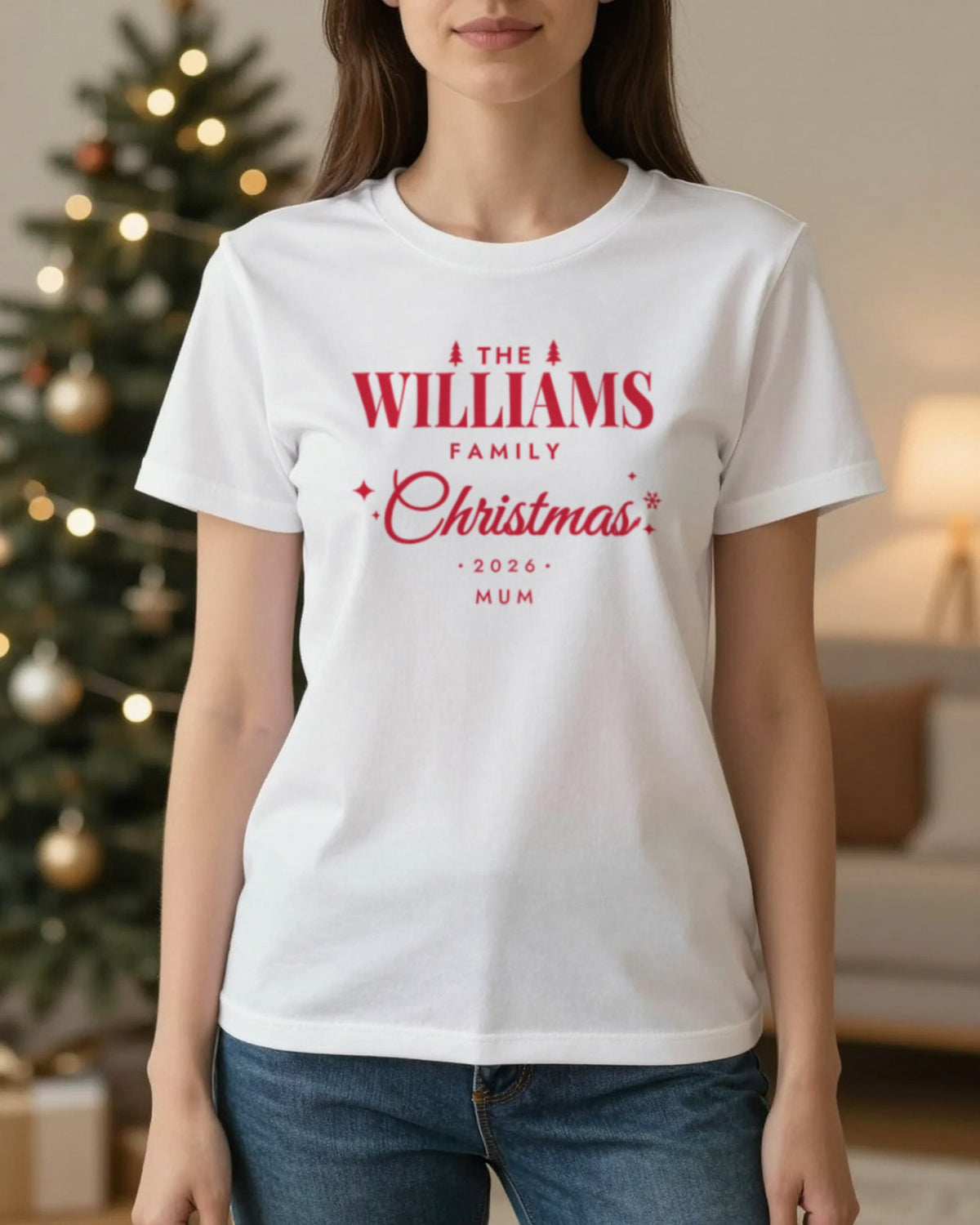 White personalised family Christmas T-shirt with red print