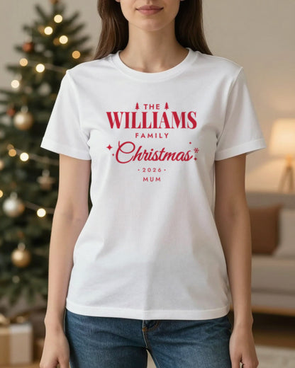 White personalised family Christmas T-shirt with red print