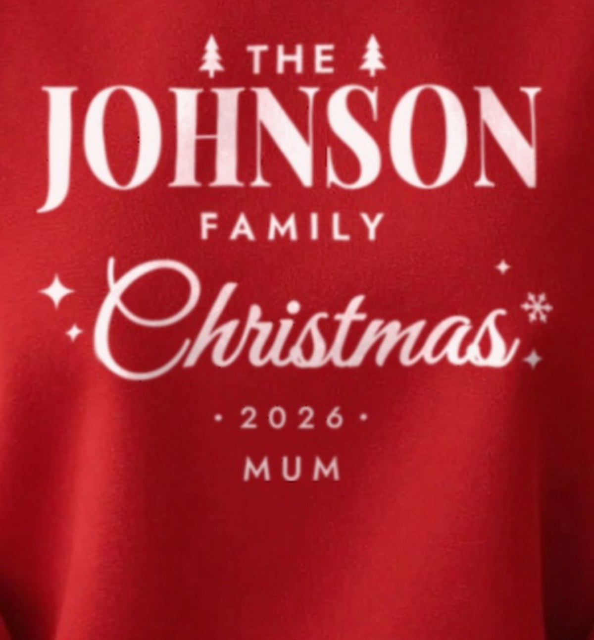 Close-up of the family Christmas print: surname, Christmas script, year and wearer
