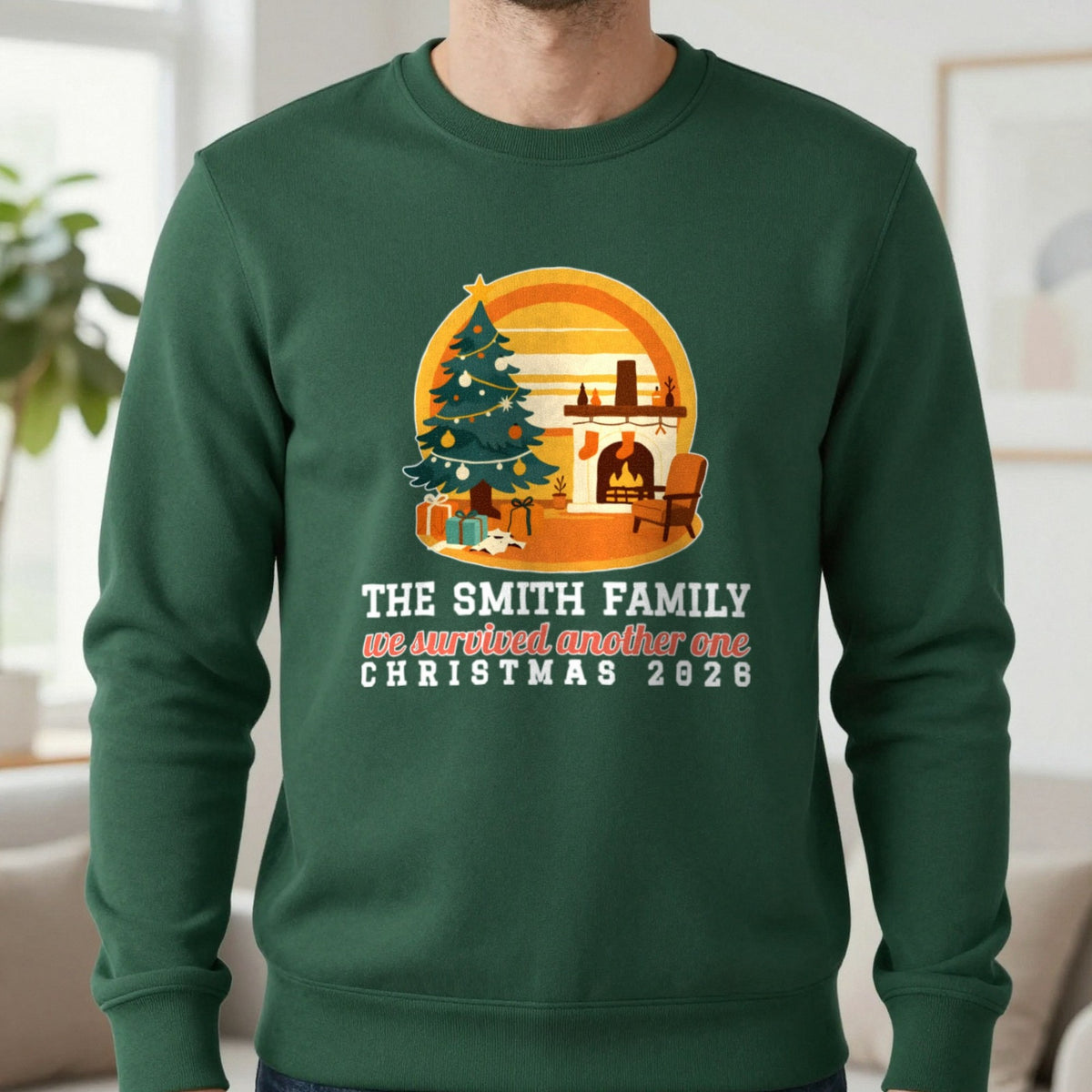 Personalised Family Christmas Christmas Jumper & T-Shirt Sweatshirt in Forest Green, worn, our photo