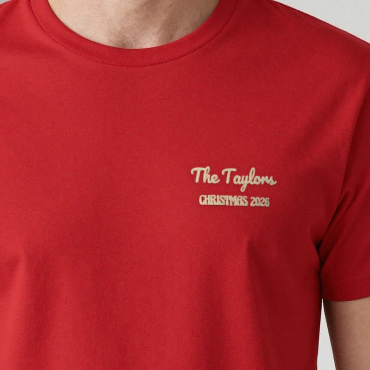 Family Name Christmas Jumper, adult t-shirt in red, embroidered