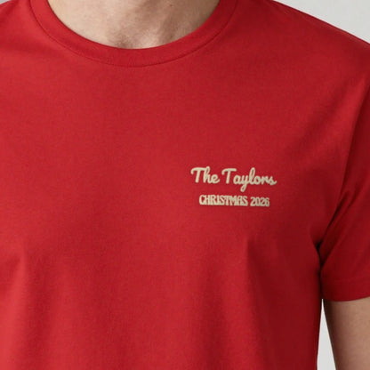 Family Name Christmas Jumper, adult t-shirt in red, embroidered