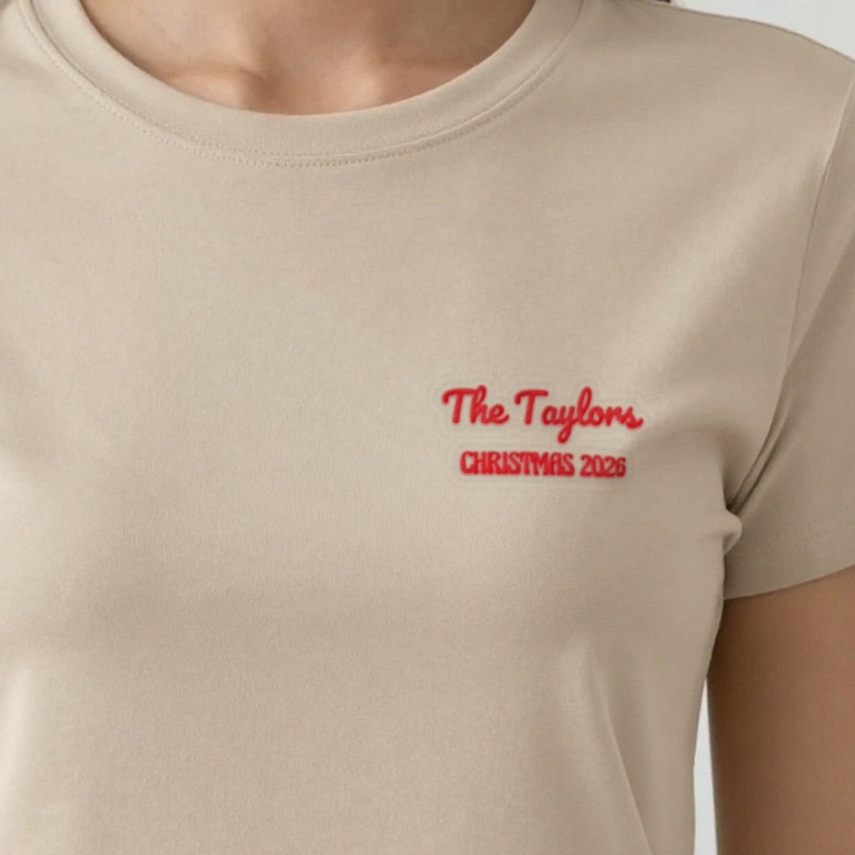 Family Name Christmas Jumper, adult t-shirt in sand, embroidered