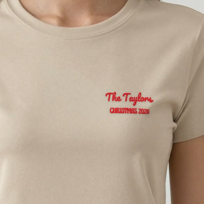 Family Name Christmas Jumper, adult t-shirt in sand, embroidered
