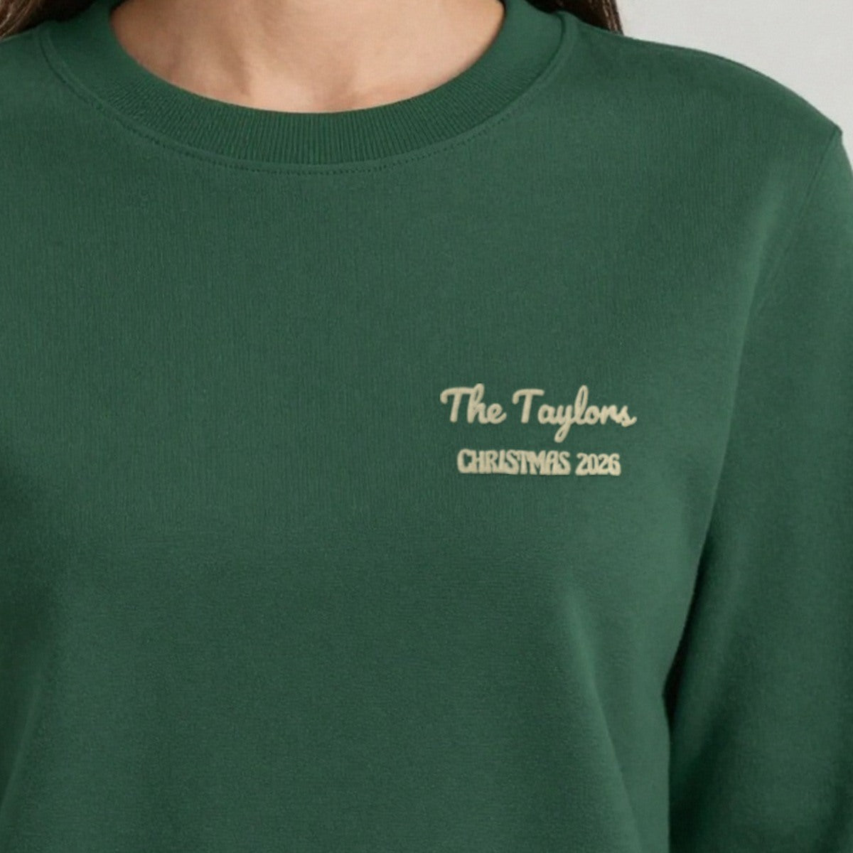 Family Name Christmas Jumper, adult sweatshirt in forest green, embroidered