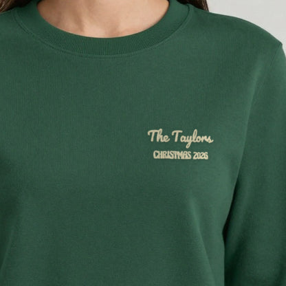 Family Name Christmas Jumper, adult sweatshirt in forest green, embroidered