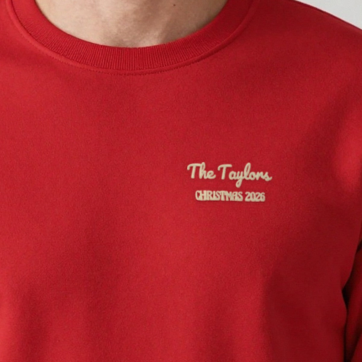 Family Name Christmas Jumper, adult sweatshirt in red, embroidered