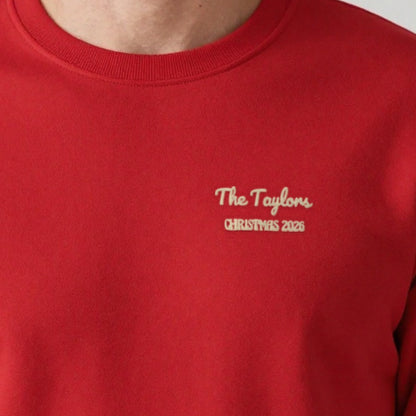 Family Name Christmas Jumper, adult sweatshirt in red, embroidered