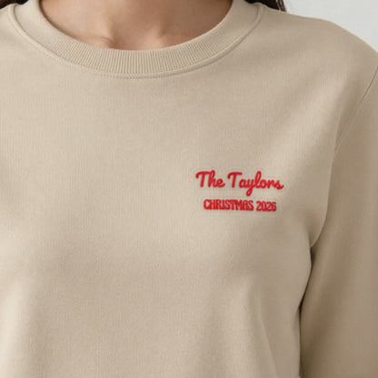 Family Name Christmas Jumper, adult sweatshirt in sand, embroidered