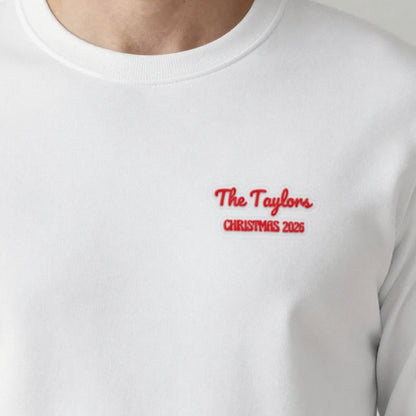 Family Name Christmas Jumper, adult sweatshirt in white, embroidered