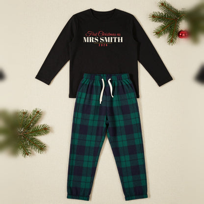 First Christmas As Mrs Personalised Matching Couples Christmas Pyjamas Set, Adult in Black / Green Tartan, our photo