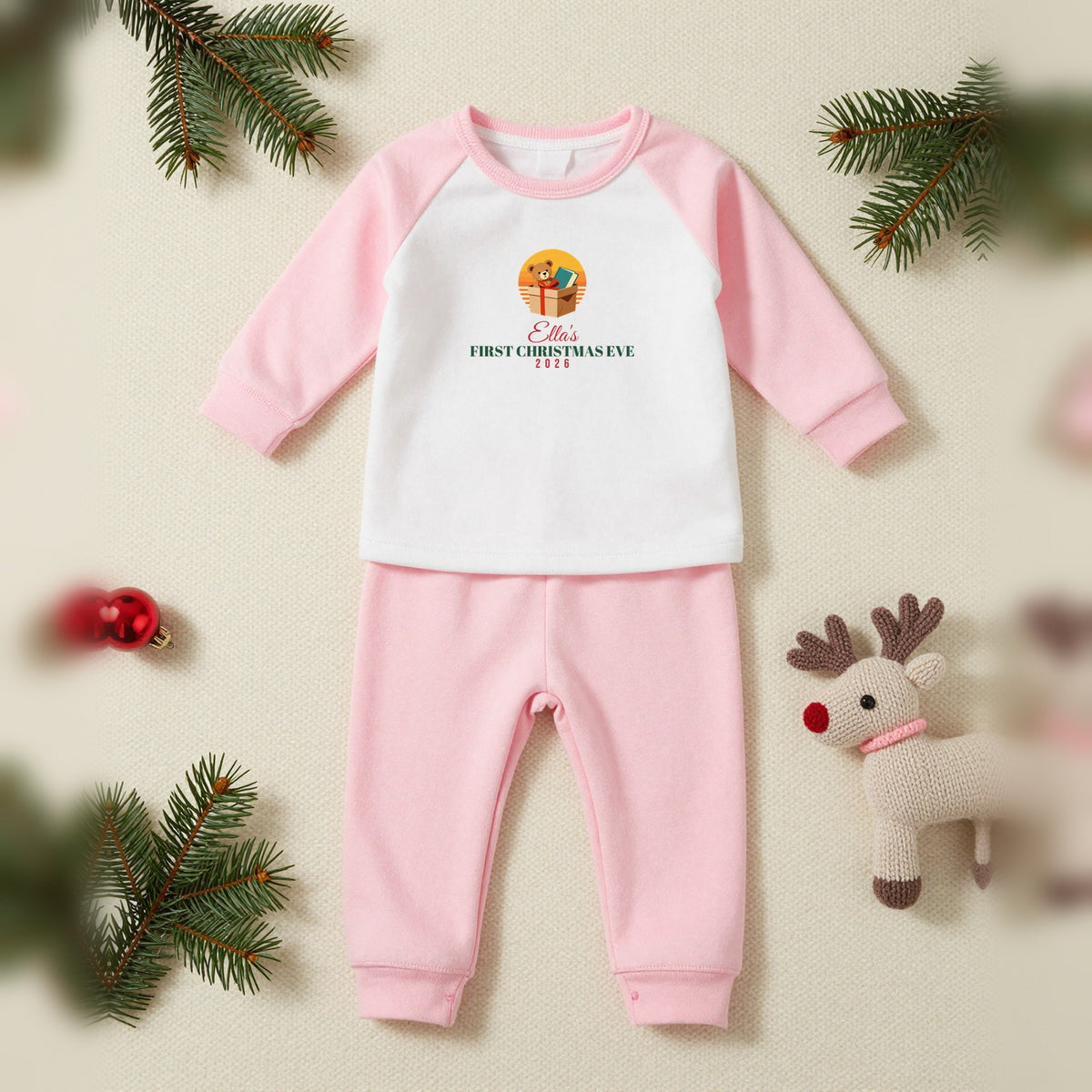 First Christmas Eve Personalised Baby & Toddler Christmas Pyjamas, Baby & Toddler in Pink, our photo