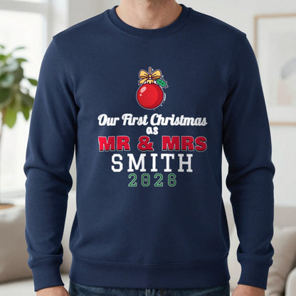 Personalised Our First Christmas As Mr & Mrs Jumper & T-Shirt Sweatshirt in Navy, worn, our photo