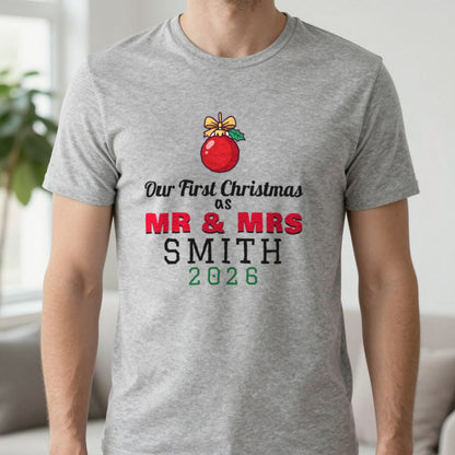 Personalised Our First Christmas As Mr & Mrs Jumper & T-Shirt T-Shirt in Sport Grey, worn, our photo