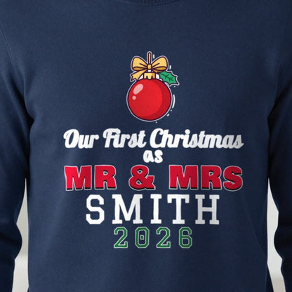 Personalised Our First Christmas As Mr & Mrs Jumper & T-Shirt print close-up, our photo