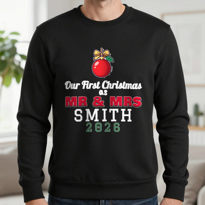 Personalised Our First Christmas As Mr & Mrs Jumper & T-Shirt Sweatshirt in Black, worn, our photo