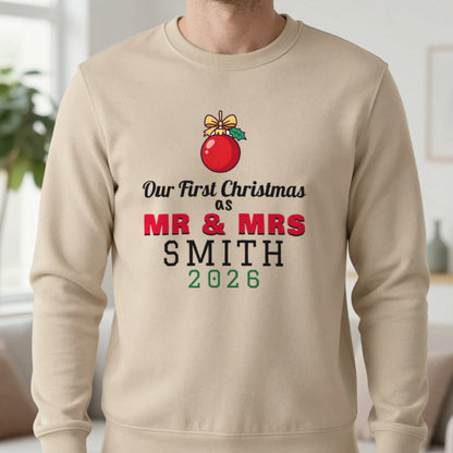 Personalised Our First Christmas As Mr & Mrs Jumper & T-Shirt Sweatshirt in Sand, worn, our photo