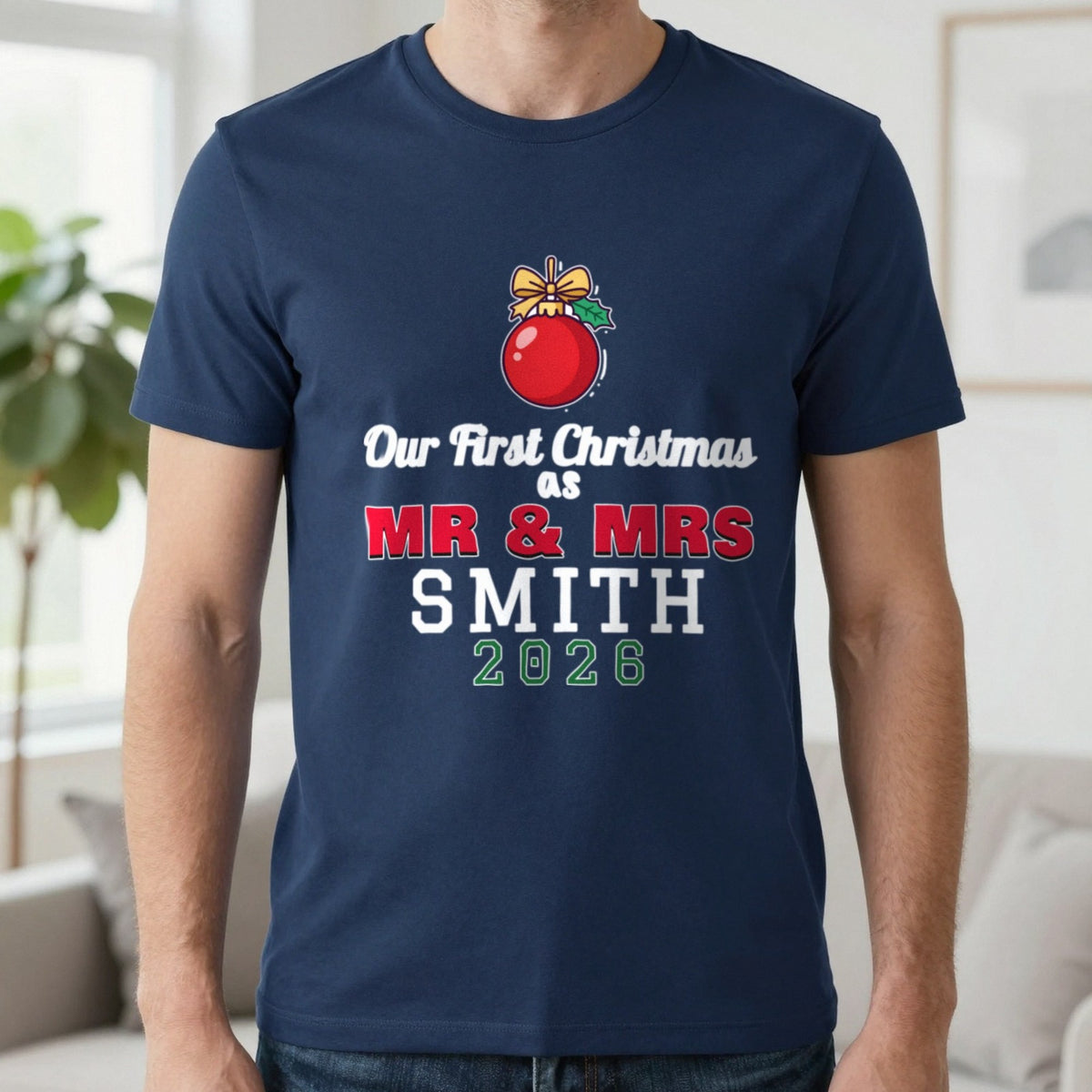 Personalised Our First Christmas As Mr & Mrs Jumper & T-Shirt T-Shirt in Navy, worn, our photo