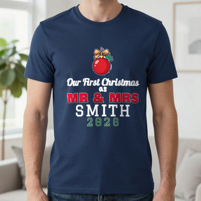 Personalised Our First Christmas As Mr & Mrs Jumper & T-Shirt T-Shirt in Navy, worn, our photo