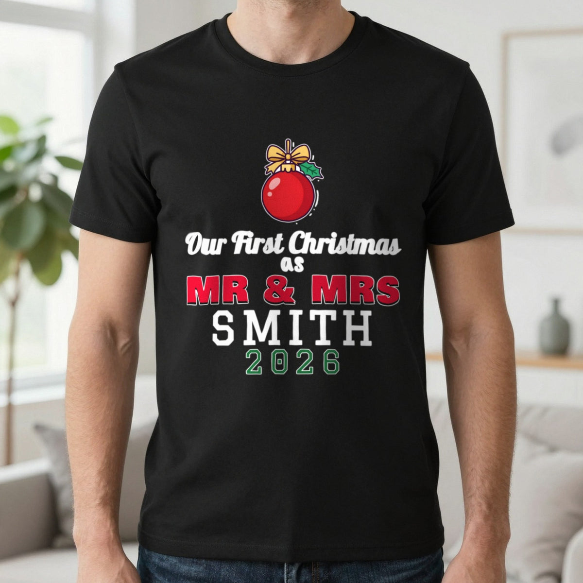 Personalised Our First Christmas As Mr & Mrs Jumper & T-Shirt T-Shirt in Black, worn, our photo