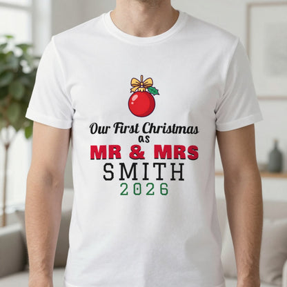 Personalised Our First Christmas As Mr & Mrs Jumper & T-Shirt T-Shirt in White, worn, our photo