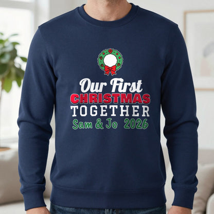 Personalised Our First Christmas Together Jumper & T-Shirt Sweatshirt in Navy, worn, our photo