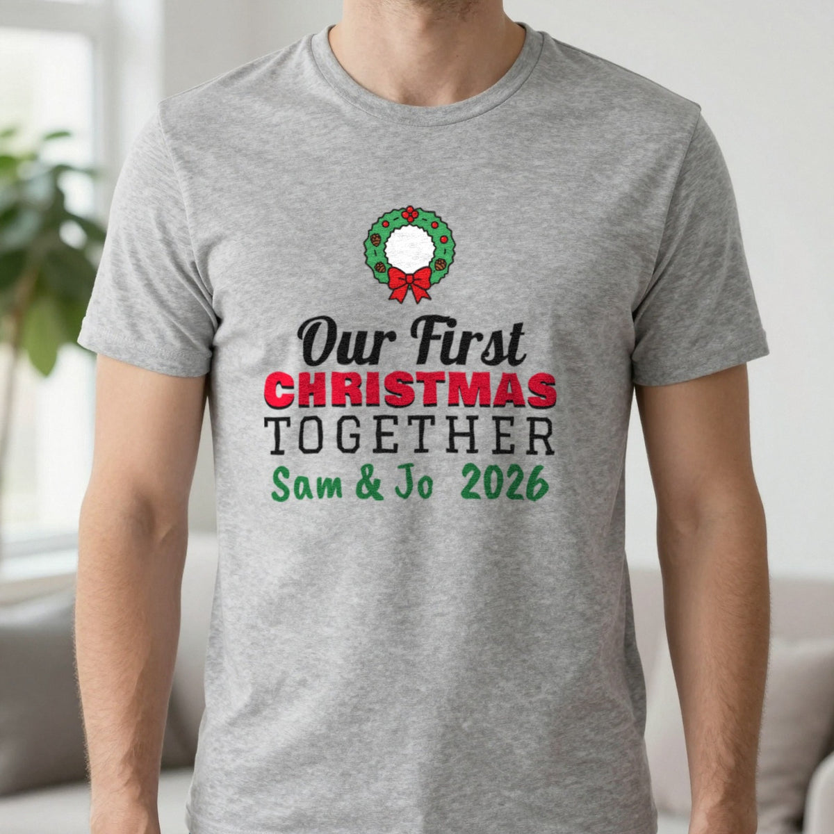 Personalised Our First Christmas Together Jumper & T-Shirt T-Shirt in Sport Grey, worn, our photo