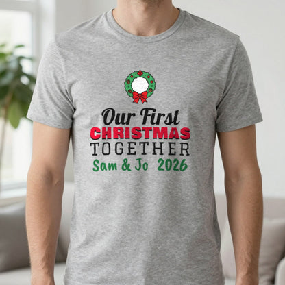 Personalised Our First Christmas Together Jumper & T-Shirt T-Shirt in Sport Grey, worn, our photo