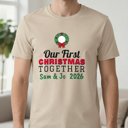 Personalised Our First Christmas Together Jumper & T-Shirt T-Shirt in Sand, worn, our photo