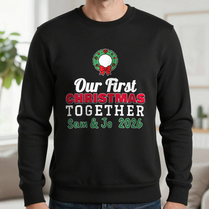 Personalised Our First Christmas Together Jumper & T-Shirt Sweatshirt in Black, worn, our photo