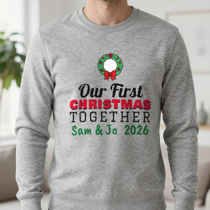 Personalised Our First Christmas Together Jumper & T-Shirt Sweatshirt in Sport Grey, worn, our photo