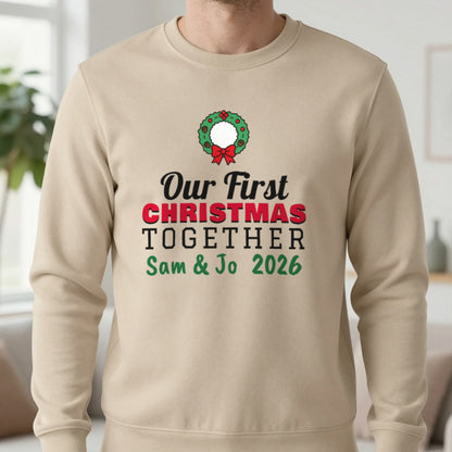 Personalised Our First Christmas Together Jumper & T-Shirt Sweatshirt in Sand, worn, our photo