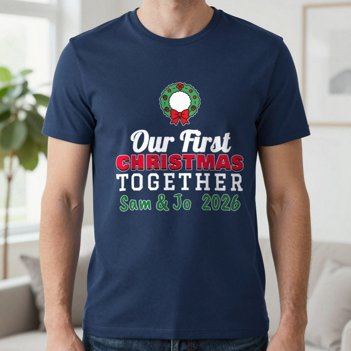 Personalised Our First Christmas Together Jumper & T-Shirt T-Shirt in Navy, worn, our photo