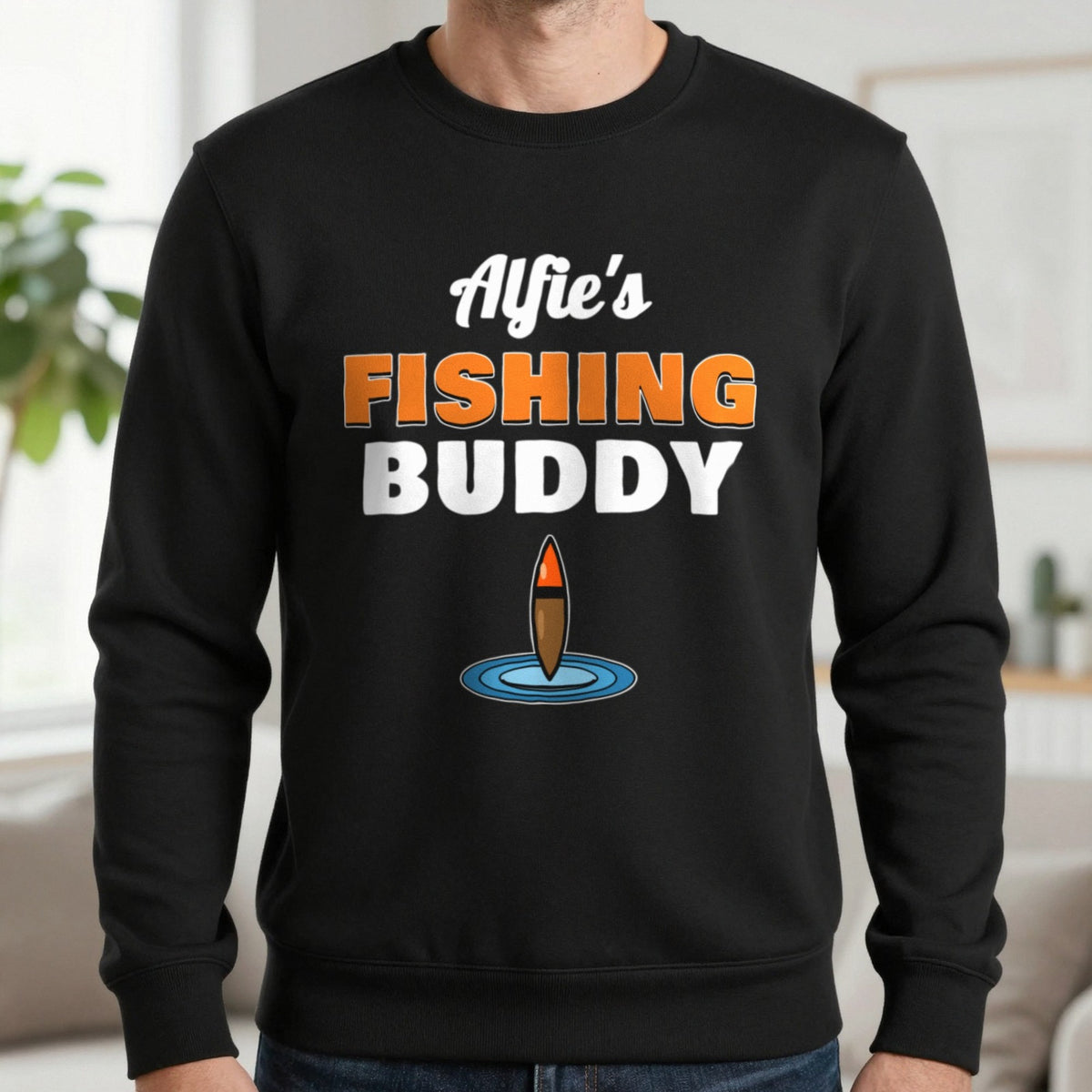 Personalised Fishing Buddy T-Shirt & Sweatshirt Sweatshirt in Black, worn, our photo