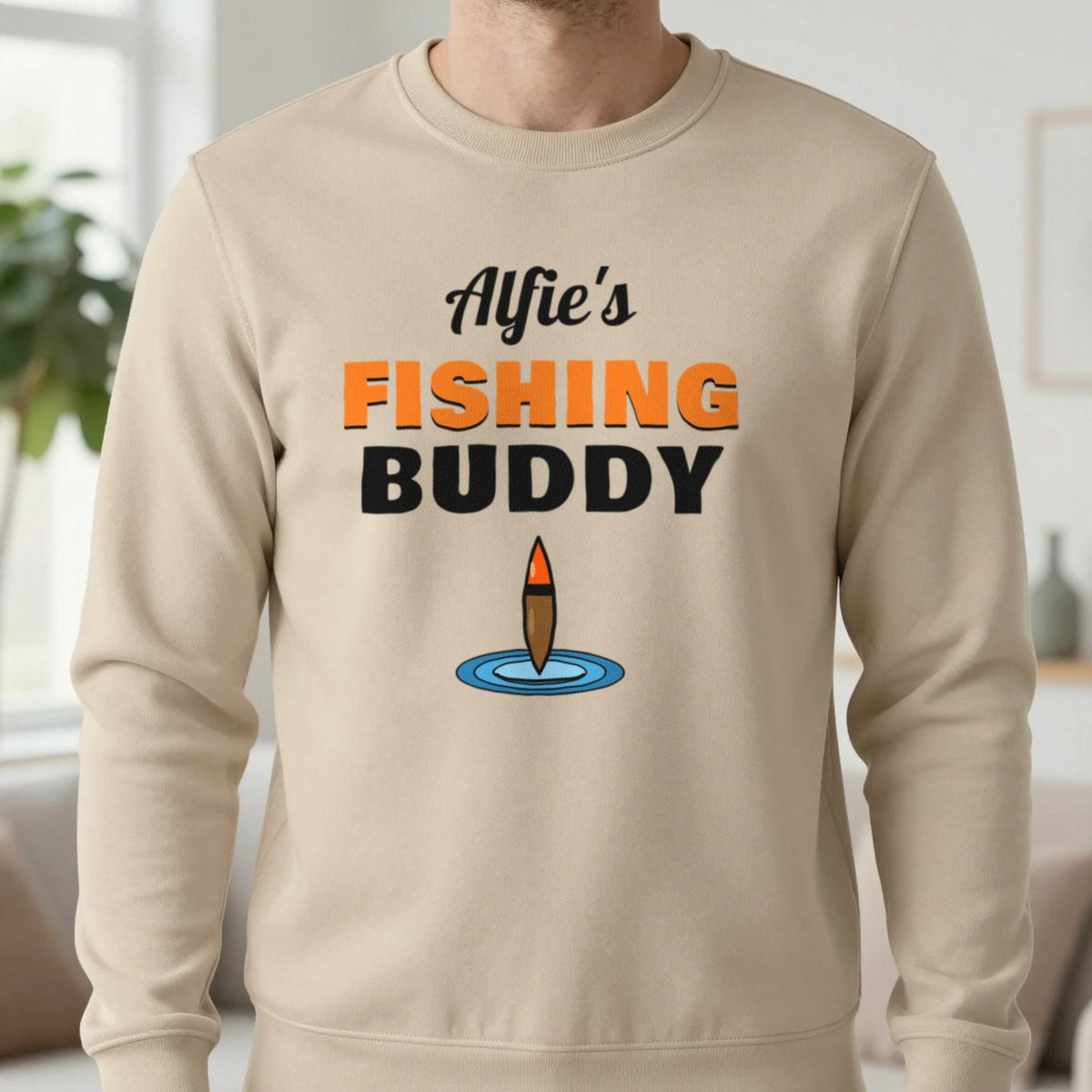 Personalised Fishing Buddy T-Shirt & Sweatshirt Sweatshirt in Sand, worn, our photo