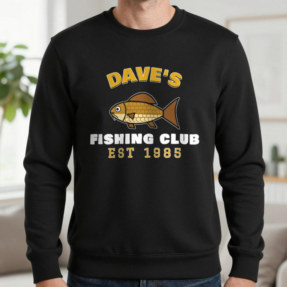 Personalised Fishing Club T-Shirt & Sweatshirt Sweatshirt in Black, worn, our photo