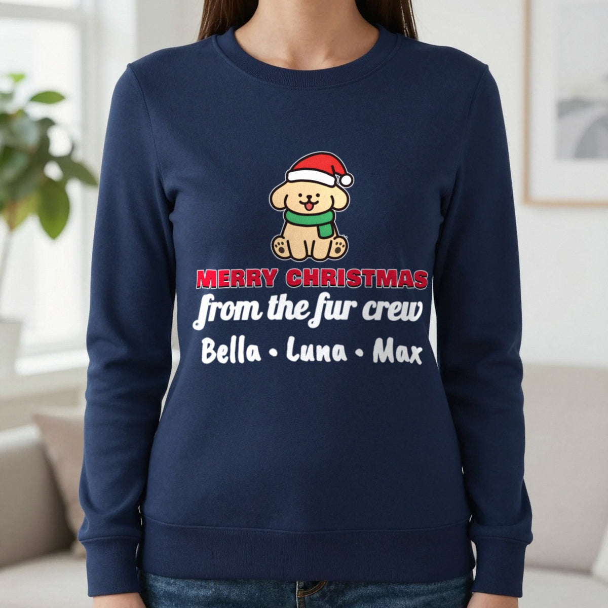 Personalised Fur Crew Christmas Jumper & T-Shirt Sweatshirt in Navy, worn, our photo
