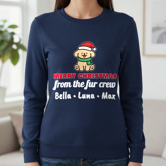 Personalised Fur Crew Christmas Jumper & T-Shirt Sweatshirt in Navy, worn, our photo