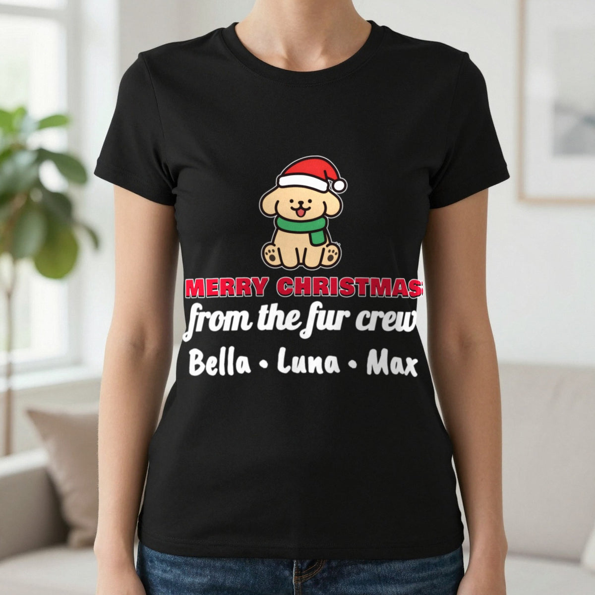 Personalised Fur Crew Christmas Jumper & T-Shirt T-Shirt in Black, worn, our photo