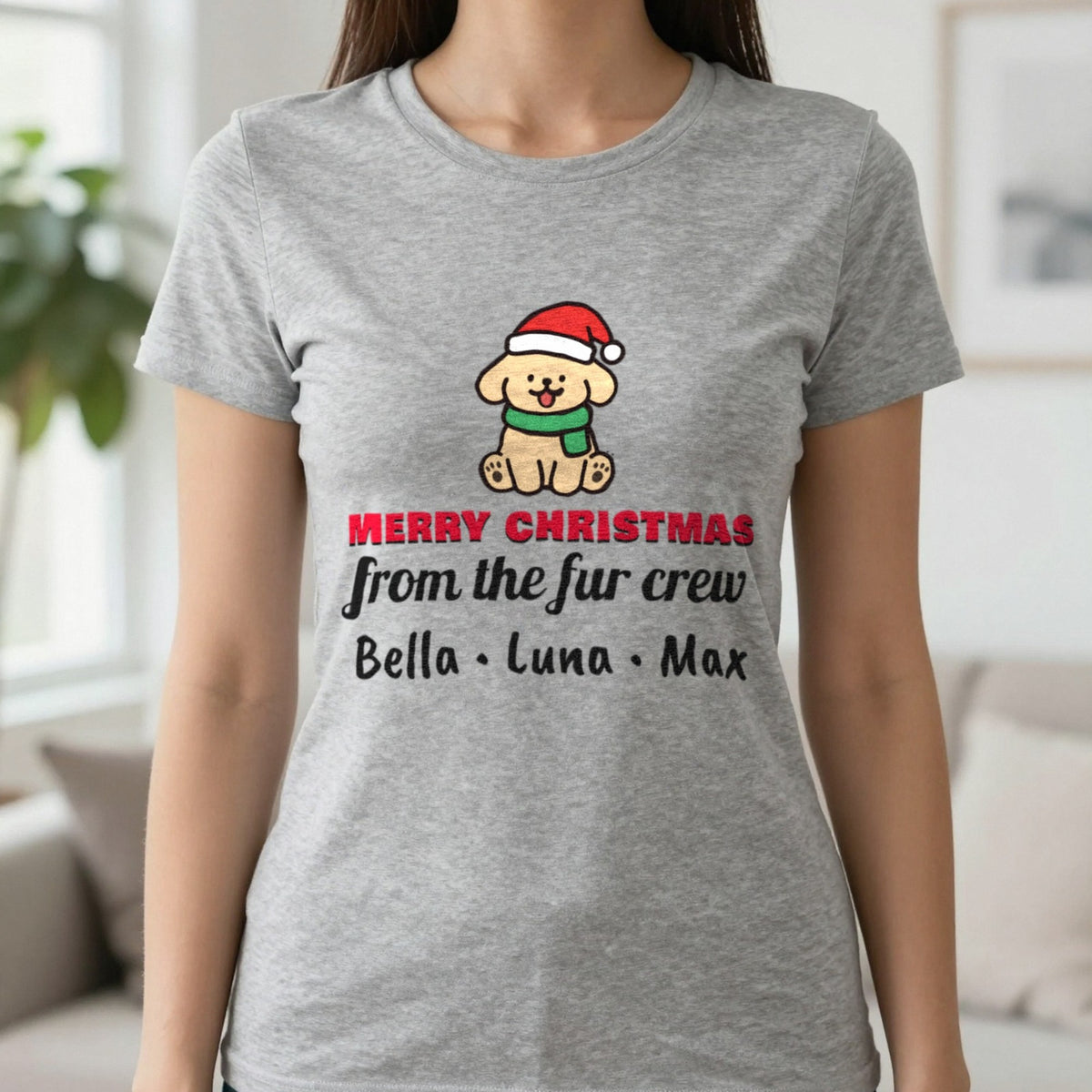 Personalised Fur Crew Christmas Jumper & T-Shirt T-Shirt in Sport Grey, worn, our photo