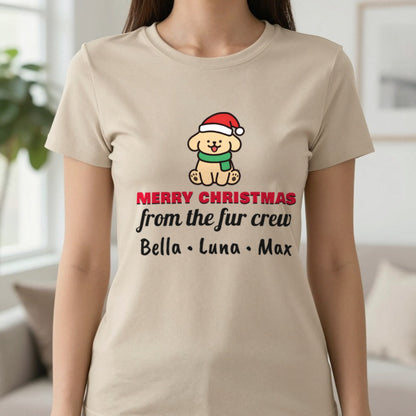 Personalised Fur Crew Christmas Jumper & T-Shirt T-Shirt in Sand, worn, our photo