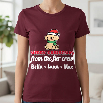 Personalised Fur Crew Christmas Jumper & T-Shirt T-Shirt in Maroon, worn, our photo