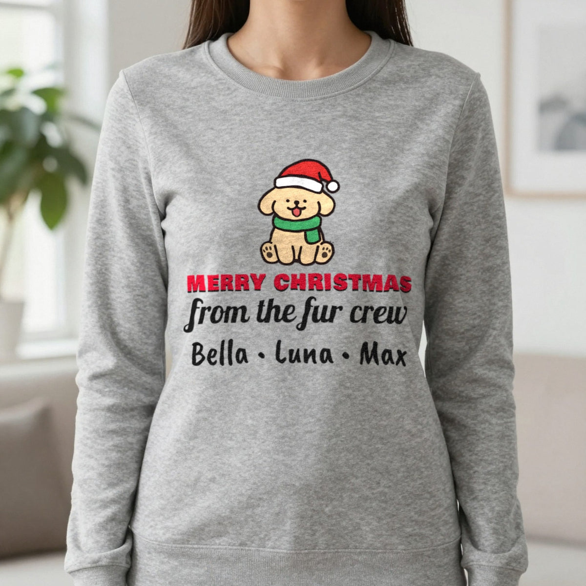 Personalised Fur Crew Christmas Jumper & T-Shirt Sweatshirt in Sport Grey, worn, our photo