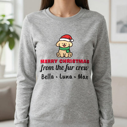 Personalised Fur Crew Christmas Jumper & T-Shirt Sweatshirt in Sport Grey, worn, our photo